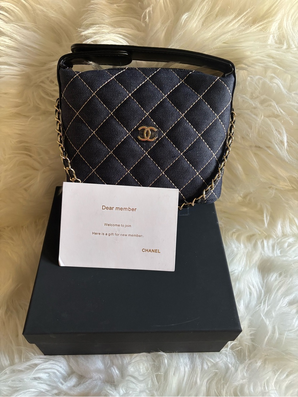 CC Beauty Makeup Quilted Chain Shoulder Bag in Blue with Gold Hardware